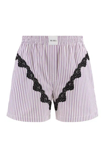 Attico The  Cotton Mini Shorts With Contrast Lace Inserts In Purple