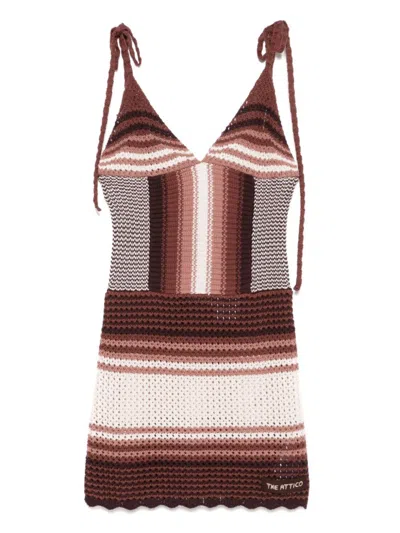Attico Chocolate Brown Cotton Mini Dress In Multi