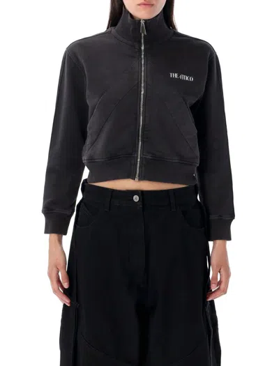 Attico Cropped Zip Fleece Ribbed Finish In Black