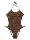 Attico Green Swimsuit With Halterneck With Tie And All-over Print In Tech Fabric Stretch Woman