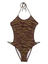 Attico Green Swimsuit With Halterneck With Tie And All-over Print In Tech Fabric Stretch Woman