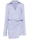 Attico Mini Striped Dress With V-neck, Long Sleeves, White And Navy Blue Cotton, Tied Waist In Multicolour