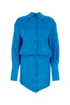 Attico 'sylvie' Blue Shirt Dress With All-over Monogram Print In Satin Fabric Woman In Printed