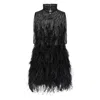 Attico Feathered High Neck Dress With Sheer Overlay In Black
