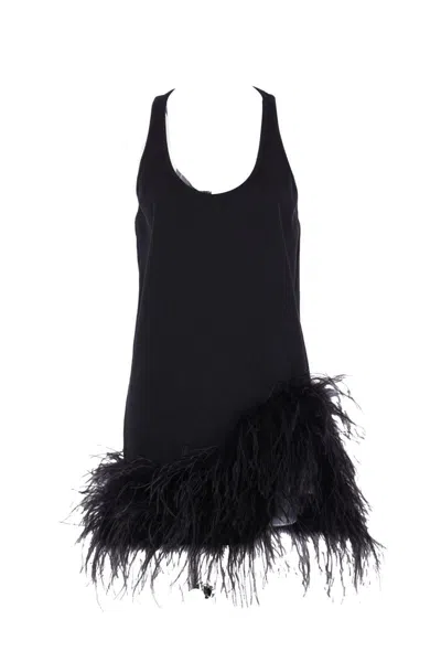 Attico Ribbed-knit Feather-trimmed Cotton Minidress In Black
