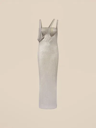 Attico Asymmetric Neckline Midi Dress In Pearl Grey
