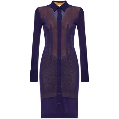 Attico Stretch Tulle Mini Shirt Dress In Purple