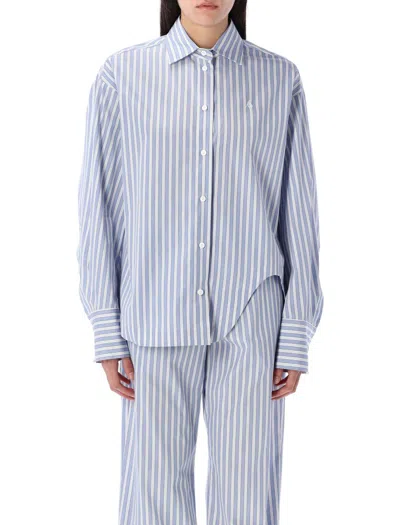 Attico Eliza Striped Shirt Collared Neck In Navy Blue Stripes