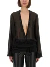 Attico Fringe Detailing Georgette Blouse With Ruched Waist In Black