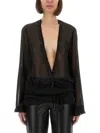 Attico Fringe Detailing Georgette Blouse With Ruched Waist In Black