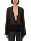 Attico Fringe Detailing Georgette Blouse With Ruched Waist In Black
