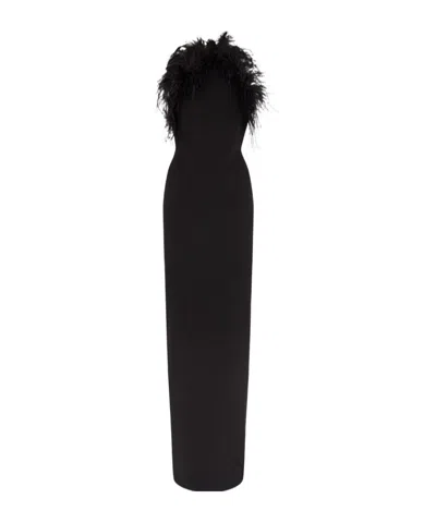 Attico Long Dress Cady Ostrich Feathers Detail In Brown