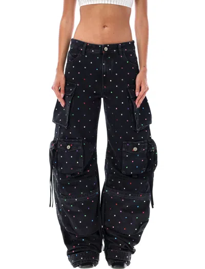 Attico Fern Embellished Low-rise Wide-leg Cargo Jeans In Black