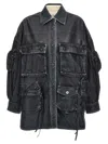 Attico Oversize Cotton Fern Denim Jacket With Button And Drawstring In Blue