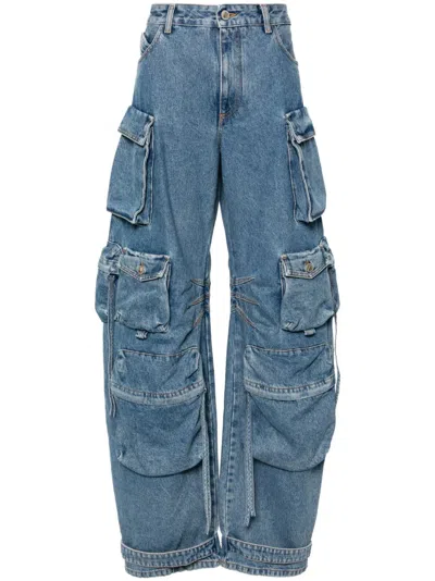 Attico The  Fern Wide Leg Cargo Style Jeans In Light Blue Denim