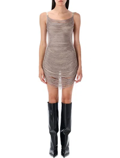 Attico Fringed Mini Dress Sheer Spaghetti Straps In Gray