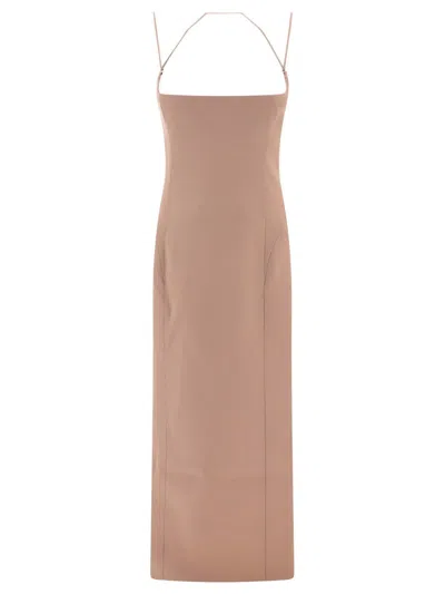 Attico Square Neckline Midi Dress With Spaghetti Straps In Brown