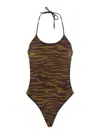 Attico Green Swimsuit With Halterneck With Tie And All-over Print In Tech Fabric Stretch Woman