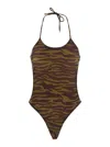 Attico Green Swimsuit With Halterneck With Tie And All-over Print In Tech Fabric Stretch Woman In Brown