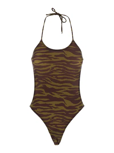 ATTICO THE ATTICO GREEN SWIMSUIT WITH HALTERNECK WITH TIE AND ALL-OVER PRINT IN TECH FABRIC STRETCH WOMAN
