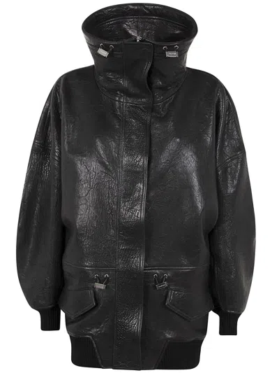 Attico Hammered Leather Bomber Jacket In Black