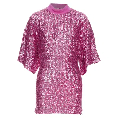 Attico The  Hot Pink Sequin Dolman Sleeves Crew Neck Mini Dress It38 Xs