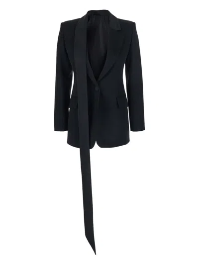 Attico Black Single-breasted Jacket With Notched Revers And Oversized Strap Detail In Wool For Women