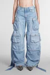 Attico Mid Rise Wide Denim Cargo Jeans In Blue