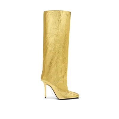 Attico The  Ladies Gold Sienna Crinkled Laminated 105 Mm Knee-high Boots In Gold Tone