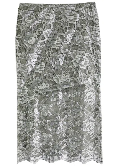 Attico The  Layered Metallic Lace Midi Skirt In Silver