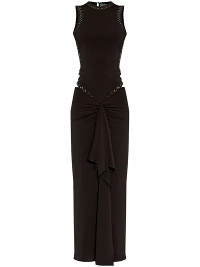 Attico Long Black Fitted Dress With Rhinestones And Bow