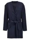 Attico Waist Belt Coat With Pockets And V Neck In Blue