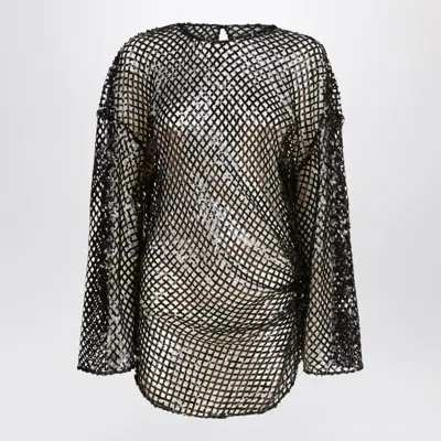 Attico Black Mesh Mini Dress With Sequins In Multi