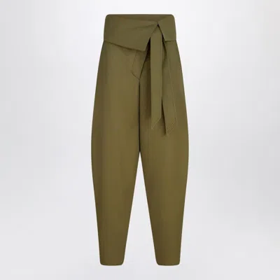 Attico Wool Gabardine Trousers High Waist Tie Wide Leg In Green