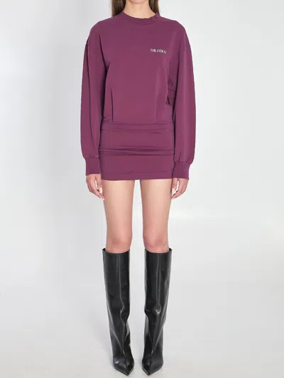 Attico Burgundy Draped Mini Dress With Long Sleeves In Purple