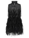 Attico Feathered High Neck Dress With Sheer Overlay In Black