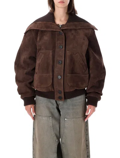 Attico The  Oversized Suede Bomber Jacket With Rib-knit Collar In Dark Brown