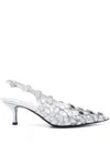 Attico Grid Studded Metallic Leather Slingback Pumps In Grey