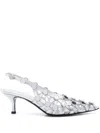 Attico Grid Studded Metallic Leather Slingback Pumps In Grey