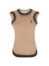 Attico Beige Sleeveless Crewneck Top With Contrasting Logo Embroidery On The Front In Cotton Woman In Brown