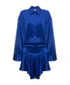 Attico Tartan Candice Pleated Satin Mini Shirt Dress In Blue Polyester In Blue
