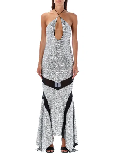 Attico Saskia Sequined Halterneck Dress In Silver