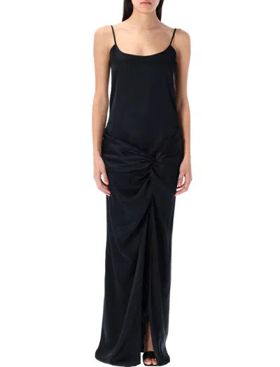 Attico Satin Long Dress Knot Detail In Black