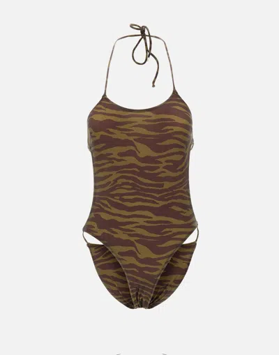 Attico Animal Print Cut-out Swimsuit In Brown