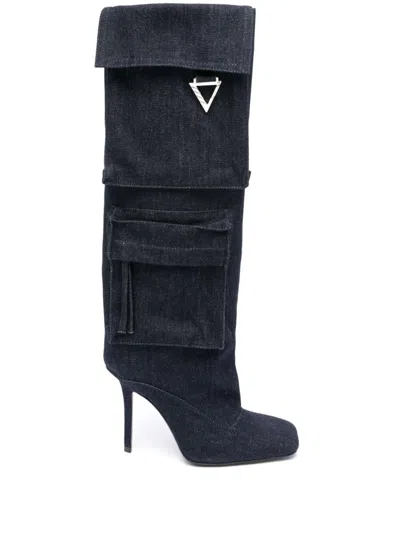 Attico Grey Denim Sienna Knee Length Boots In Black