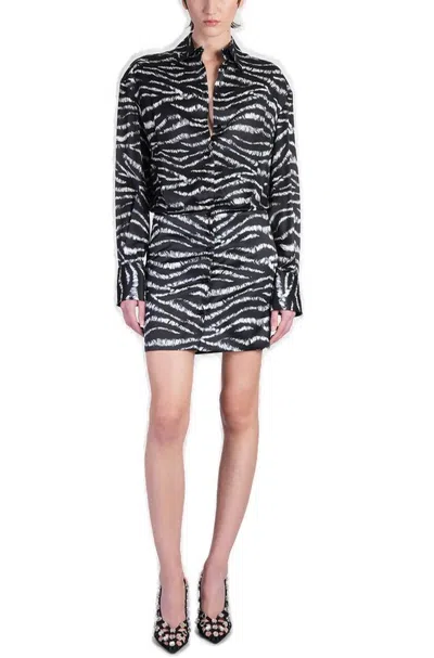 Attico Silvye Zebra-print Satin Shirt Dress In Black