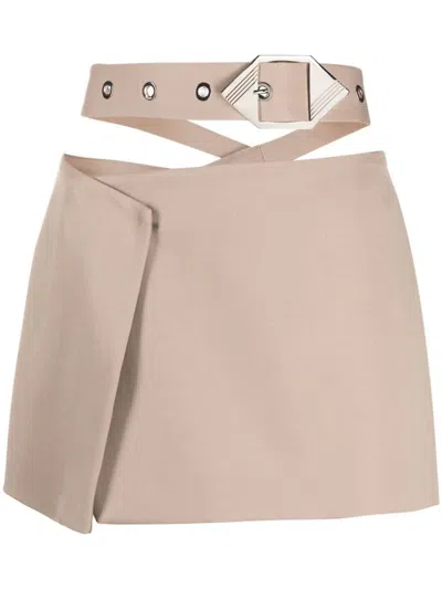 Attico Asymmetric Belted Miniskirt In Neutrals