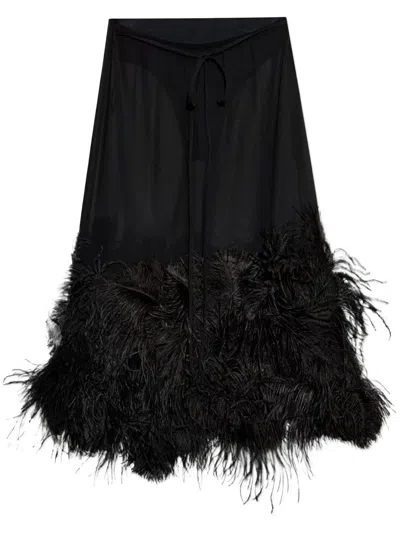 Attico Black Georgette Midi Skirt With Feathers