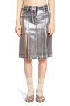 Attico Metallic Midi Skirt With Two Front Splits And Logo Detail On The Button In Silver