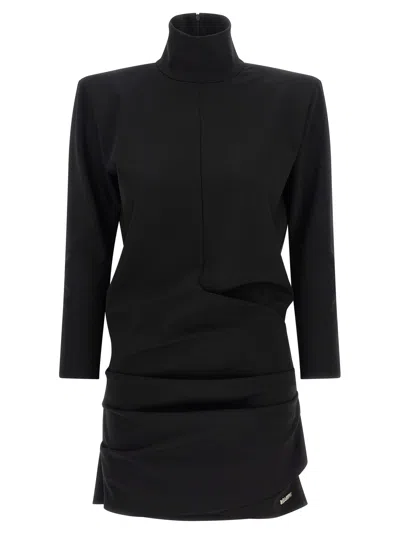 Attico Dress High Neckline Layered Design Long Sleeves In Black